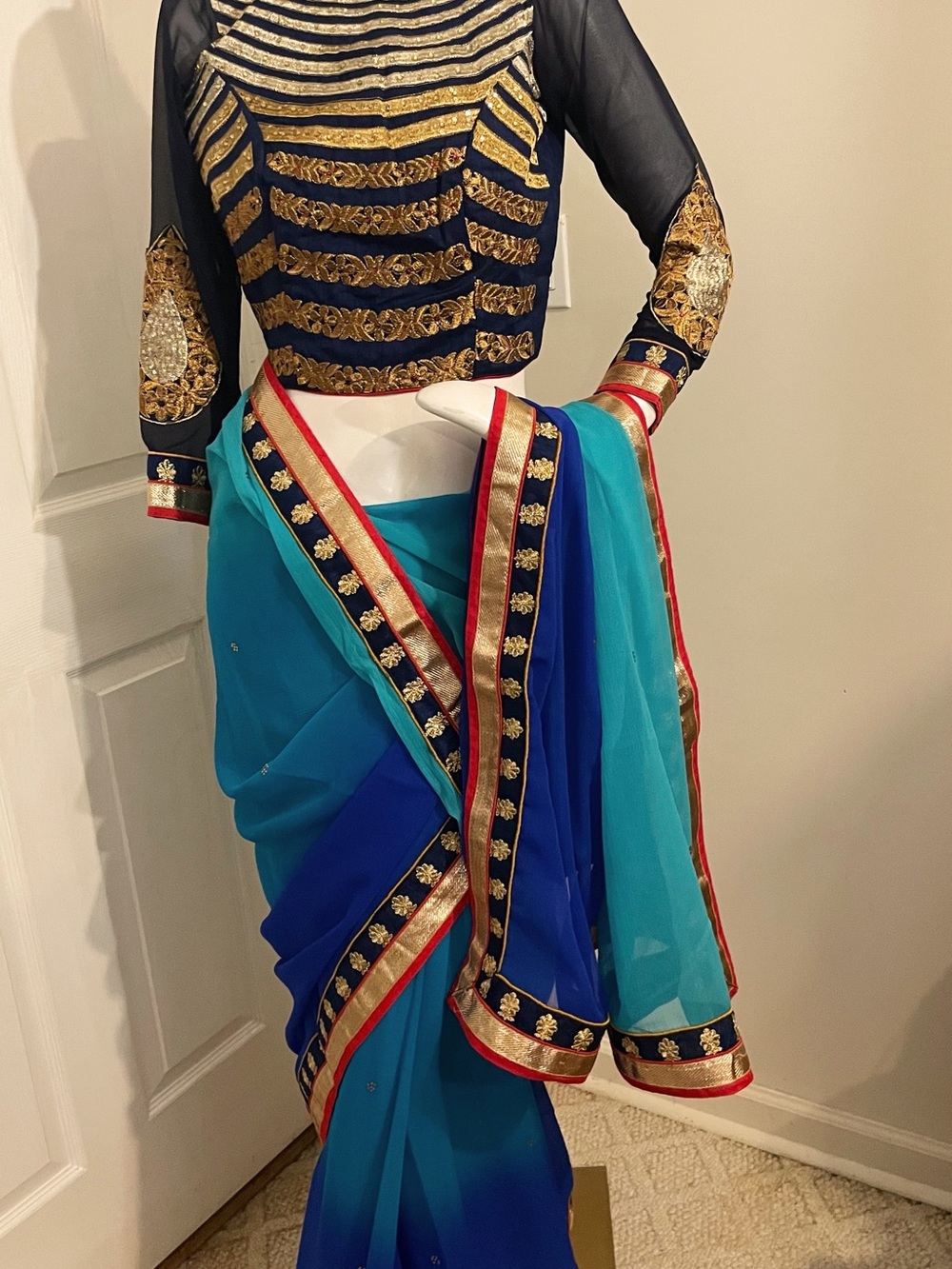 Elegant Teal & Royal Blue Saree with Gold Border (blouse included)